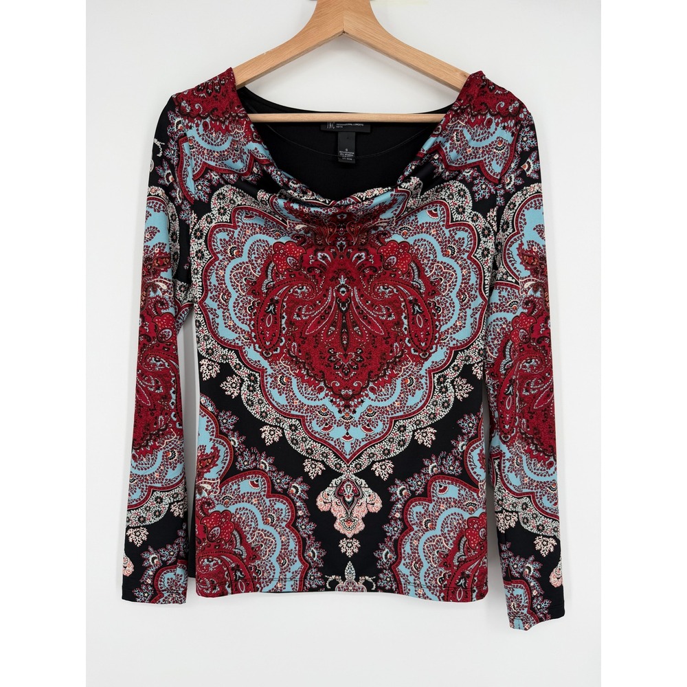INC International Concepts Petite Paisley Long Sleeve Top Blouse Sz‎ S Red Black